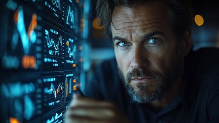 A man looks intently at a large monitor displaying data visualizations.