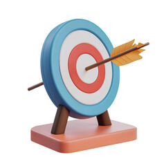 3D Cartoon Style Arrow Hitting the Bullseye Target Icon, Floating on a Transparent Background PNG