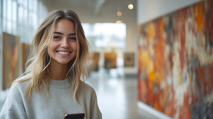 Wall Mural - A cheerful young woman stands in an art museum, smiling at her smartphone in front of a modern abstract painting. The gallery is spacious, with soft natural light pouring in through large windows,