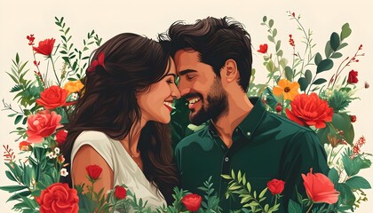 Valentines Day Love: A Couple Embracing Amidst a Bouquet and Lush Plants in Vibrant Vector Art