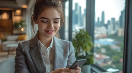 Poster - A young woman in business attire sits in a high-rise office, looking at her smartphone and smiling, with the view of a city skyline behind her.