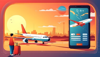 Mobile phone illustration for purchasing air tickets and planning travel adventures