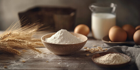 Poster - A bowl of white powder with flour, eggs, and milk on it, generative AI