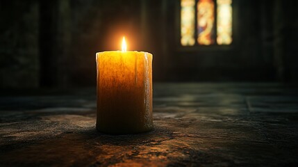 A single lit candle on a stone floor in a dimly lit church with a stained glass window in the background.