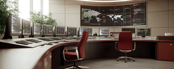 A modern control room featuring multiple monitors, ergonomic seating, and sleek design elements for professional workspace.