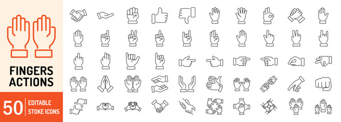 fingers actions editable stroke outline web icons set. fingers, hands, thumb up, ok, point, touch, p