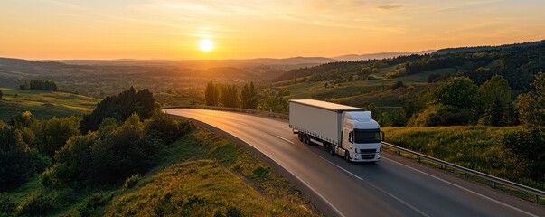 A delivery truck drives along a winding road at sunset, surrounded by beautiful landscapes and hills.