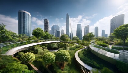 Architecture, environment and future with park in city for carbon footprint, eco friendly and futuristic