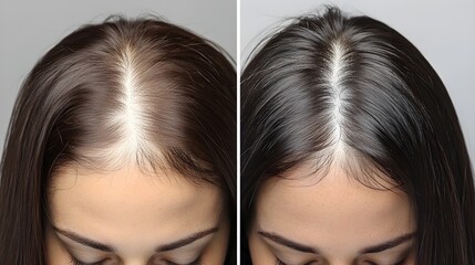 Detailed headshot focusing on a woman's thinning hairline before with bald patches, and after with healthy, fuller hair covering the affected areas