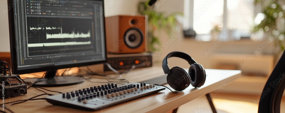 A modern audio workstation featuring a computer, headphones, and ...