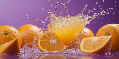 An orange juice splash in the air with oranges around it, generative AI