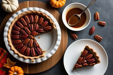 Wall Mural - Delicious Pecan Pie with Homemade Caramel Sauce for Thanksgiving Feast