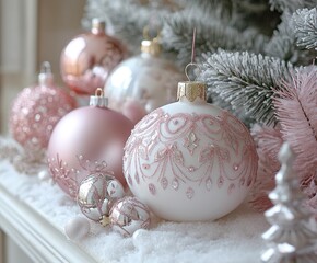 Luxurious pink and white Christmas baubles in snow