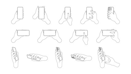 Poster - Male and Female Hands Holding Mobile Phones Horizontally and Vertically with Blank Screens. Editable Line Art Vector Illustrations of Tapping and Finger Tapping on Screen. Vector.