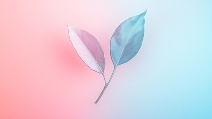 Two delicate leaves with a stem against a pink and blue gradient background.