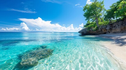 Wall Mural - Remote beach with coral reef, clear water, sunny day