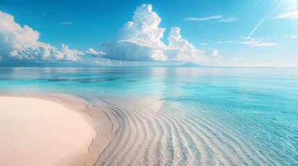 Wall Mural - Remote beach with a sandbar, clear water, and bright sunlight