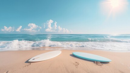 Wall Mural - Oceanfront beach with surfboards in the sand, waves crashing