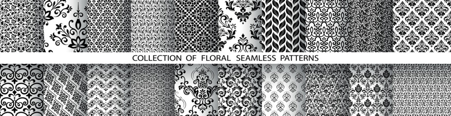 Sticker - Geometric floral set of seamless patterns. White and black vector backgrounds. Damask graphic ornaments.