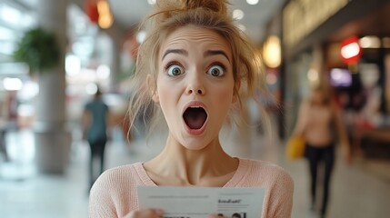 A young woman with a shocked expression on her face looks at a piece of paper she is holding.  She is standing in a shopping mall.