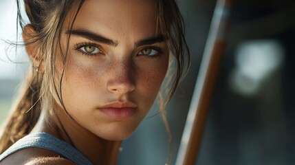 Wall Mural - A young woman with freckles and green eyes looks directly at the camera.