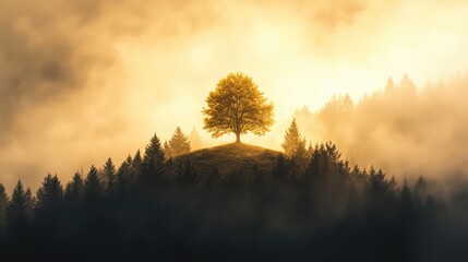 Lone tree on a hill bathed in golden light, its branches piercing through a dense, foggy forest below