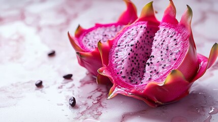 Freshly sliced dragon fruit with bright pink flesh and tiny black seeds, highlighting its tropical and exotic appeal