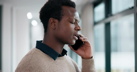 Poster - Black man, phone call and frustrated in office for conflict, crisis and unfair dismissal. Disappointed, male intern and mobile at window for conversation, stress and anxiety with argument in city