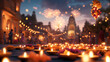 © Wimstock - A warm Diwali celebration featuring traditional oil lamps, vibrant flowers, and people enjoying the festival with lights and fireworks.