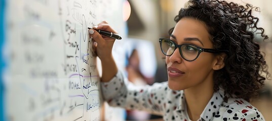 A businesswoman brainstorming ideas on a whiteboard during a creative session 