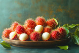 A vibrant display of fresh rambutan fruits on a wooden plate, showcasing their spiky red skin  against a textured backdrop.