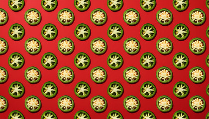 Slice of green jalapeno pattern on red background