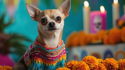 A cute Chihuahua in vibrant attire, surrounded by marigold flowers and candles, celebrating a festive occasion.