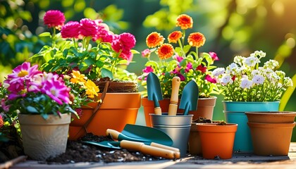 Vibrant Garden Scene with Colorful Blooms, Flowerpots, and Gardening Tools Under Sunshine