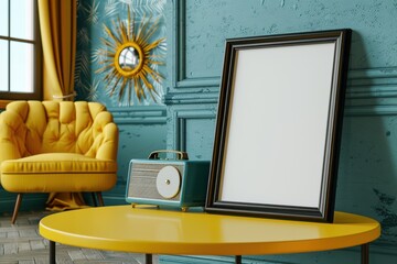 Fototapete - A black frame mockup on a yellow mid-century modern coffee table, tilted. Viewed from side angle, window reflection in frame mockup, blank white mockup, teal wall with sunburst patterns