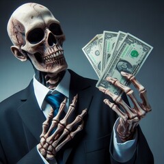 A businessman in a suit holding dollar bills with a scary skull face, blending Halloween horror and business themes