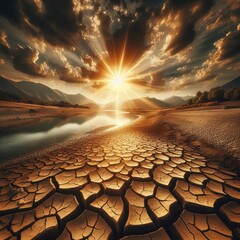 a cracked earth riverbed under a dramatic sky with the sun setting in the distance, blending with storm clouds and a hint of blue The dry desert land