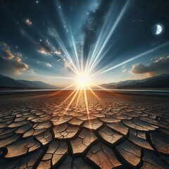 Wall Mural - a cracked earth riverbed under a dramatic sky with the sun setting in the distance, blending with storm clouds and a hint of blue The dry desert land