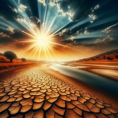 Wall Mural - a cracked earth riverbed under a dramatic sky with the sun setting in the distance, blending with storm clouds and a hint of blue The dry desert land