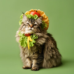 Wall Mural - A cat is wearing a lettuce hat and a tomato hat