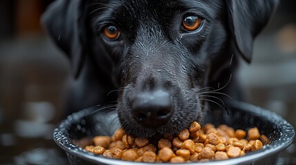 Close-up of a black Labrador Retriever eating dog food from a bowl.