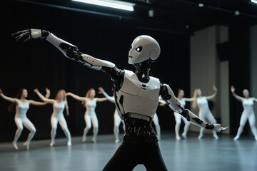 Poster - robot is dancing in front of a group of people. the robot is white and black, and it is the center o