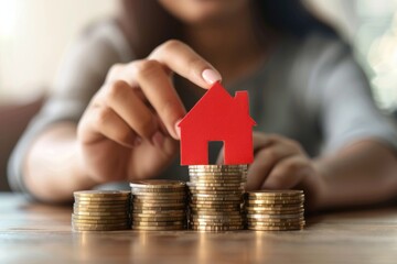 Concept for property ladder, mortgage and real estate investment. Woman's hand putting house model on top of coins stack