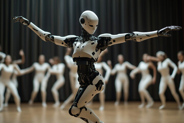 Aufkleber -  robot is dancing in front of a group of people. The robot is white and black, and it is the center of attention. The people in the background are also white, and they are all dancing