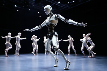 Poster - robot is dancing with a group of people. the robot is white and has a human-like appearance. the peo