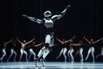 Aufkleber - robot is dancing with a group of people. The robot is white and has a human-like appearance. The people are also white and are dancing in a line. Scene is lively and energetic, as the robot