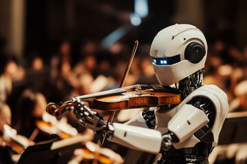 Poster -  robot is playing a violin in front of a crowd. The robot is white and has a robotic appearance. The scene is lively and entertaining