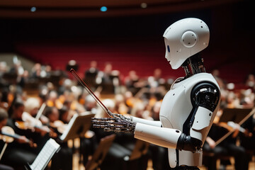 Poster - robot is standing in front of a crowd of people and holding a stick. the robot is smiling and he is 