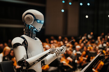 Poster - robot is standing in front of a crowd of people and holding a stick. the robot is smiling and he is 