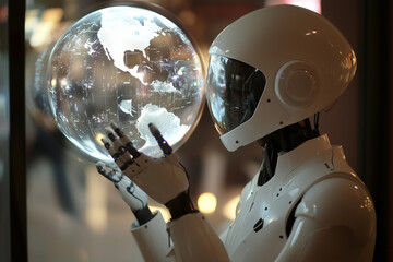 Poster - robot is standing next to a globe. The robot is white and has blue eyes. The scene is set in a room with a computer monitor on the wall